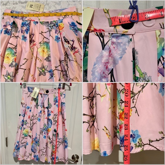 Retro Swing Full Pleated Skirt Asian Floral Pink Blue Med NWT - Picture 8 of 14